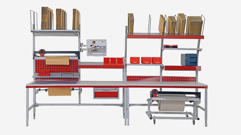 Packtisch SYSTEM FLEX mit Ablagen und Schneidständer